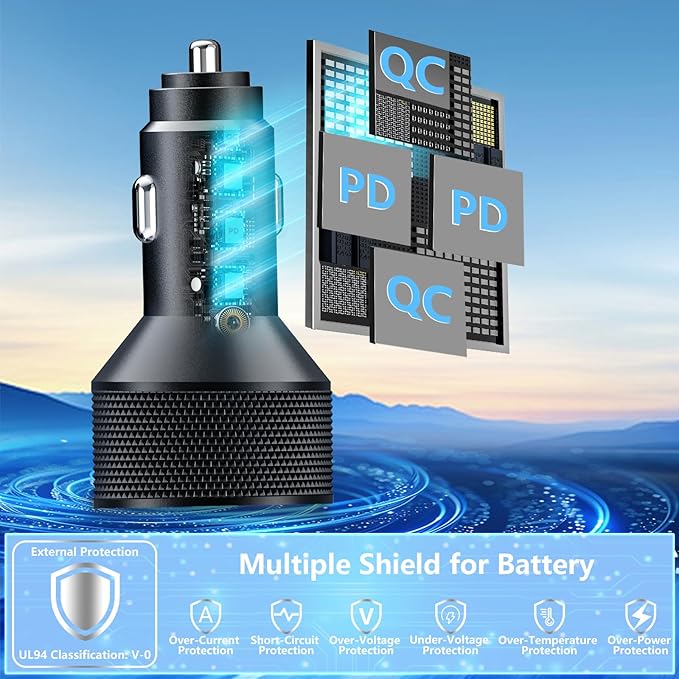 [Apple MFi Certified] iPhone 17 Car Charger, Rombica 4-Port 90W USB-C&USB-A Car Power Cigarette Lighter PD/QC Fast Car Charger + Type-C Braided Cord for iPhone 17/17 Pro/16 Pro/15/Galaxy S26/S25/Pixel