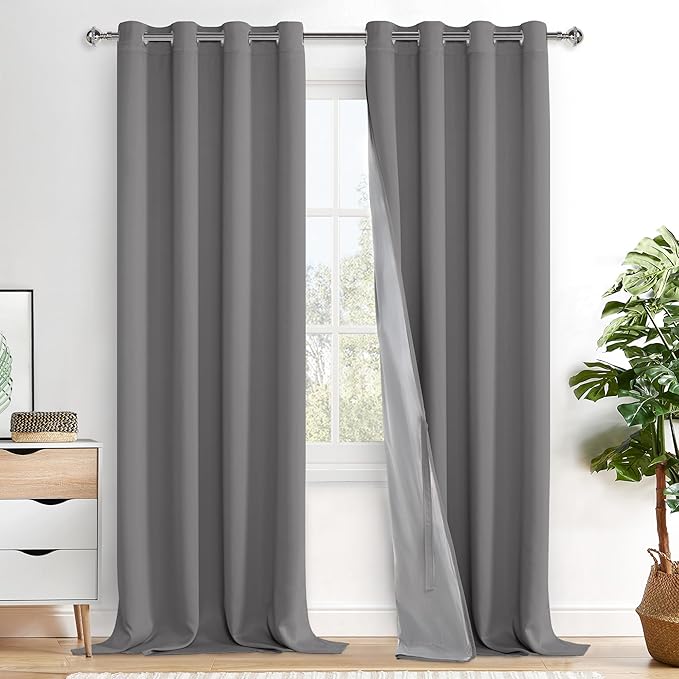XWZO 100% Blackout Curtains - Extra Long Thermal Insulated Black Liner Curtains, Noise Reducing and Heat Blocking Drapes for Bedroom with Tiebacks, Grey, W52 x L108, Set of 2