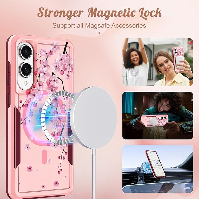for Samsung Galaxy S25 Edge Case - Compatible with MagSafe Women Girls Cute Magnetic Protective Phone Cover Girly Flowers Blossom Heavy Duty Shockproof Design for Samsung S25 Edge Case