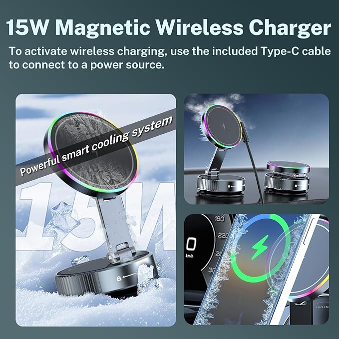 15W Fast for MagSafe Car Mount Charger with Breathing RGB Light, 360 Adjustable Vacuum Magnetic Phone Holder for Your Car Dash, Nano Gel Suction Cup Phone Mount for iPhone 12-17 Pro Max