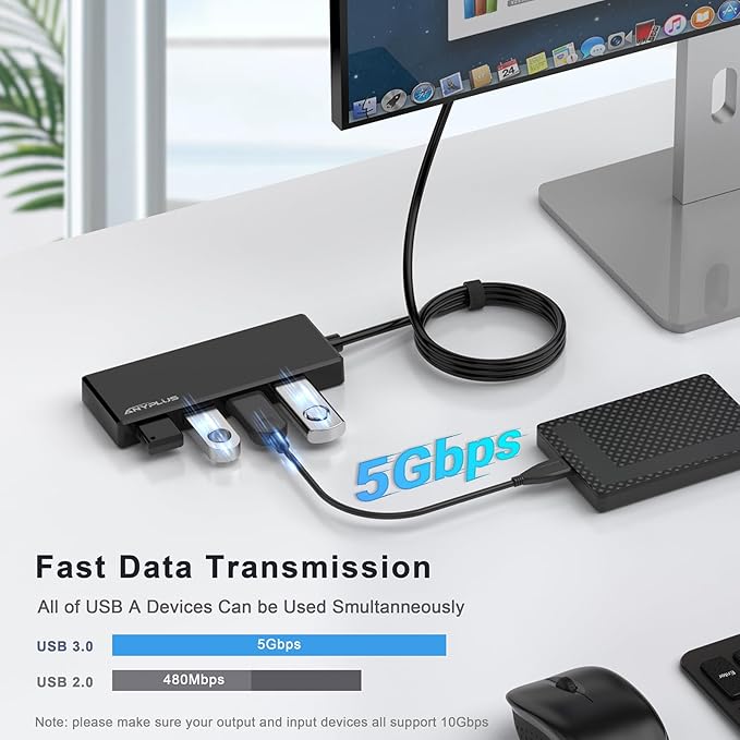 USB Hub, Multiport USB Splitter Adapter, 2 ft Long Cable USB 3.0 Hub, USB Extender for Laptop, PC, iMac, Surface Pro, MacBook, Mac Pro, Flash Drive, XPS, Mouse, HDD, Black, HJ-Black-0.5M-001