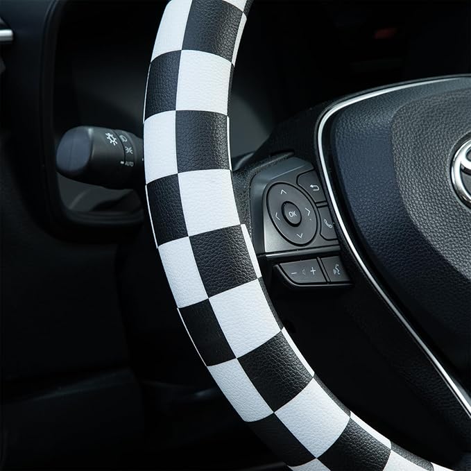 Black and White Race Checkered Steering Wheel Cover Auto Leather Steering Wheel Protector, Anti-Slip, Breathable, Absorbing Sweat, Universal Car Accessories 14.5–15 inch,Fit for Most Car, Trucks, SUV