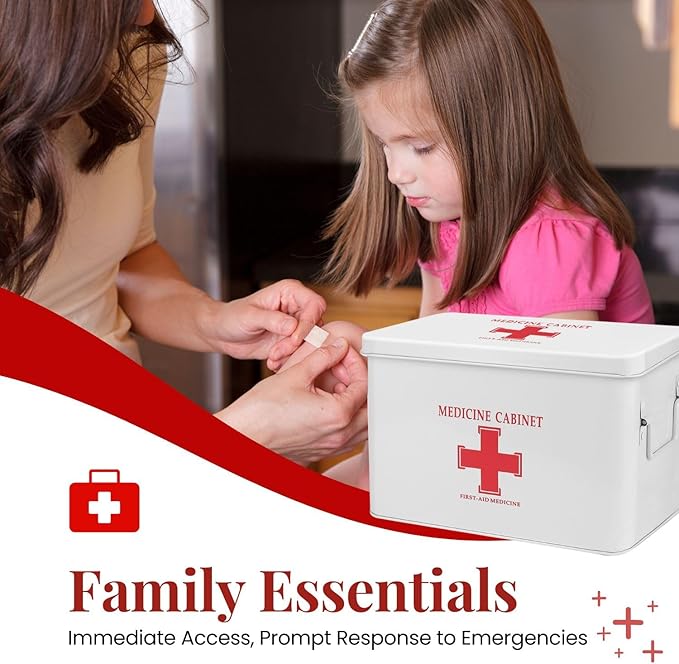 Flexzion First Aid Box Organizer Empty 13" White Vintage First Aid Kit Tin Metal Medical Box - First Aid Storage Box Container Bins with Dividers, Removable Tray and Red Cross Logo