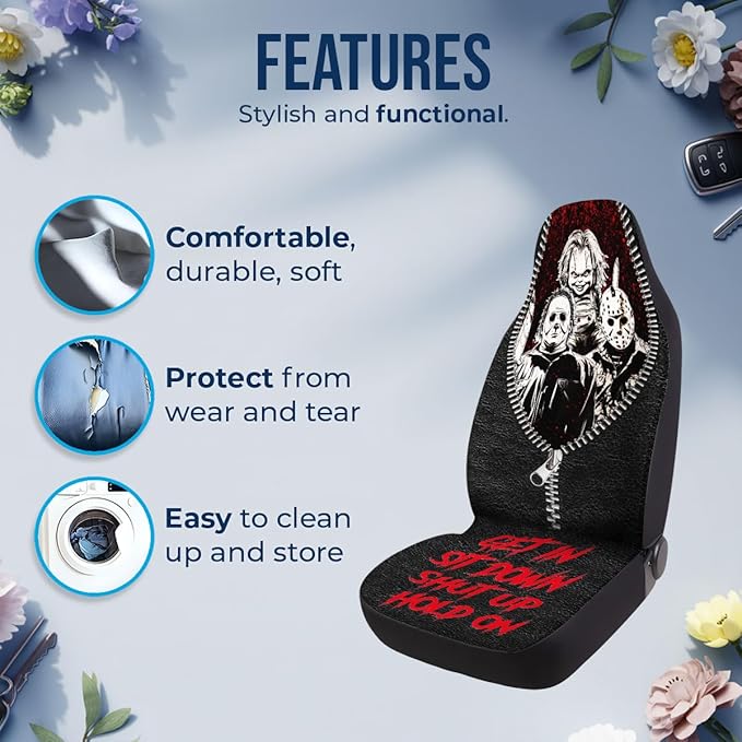 GENANY Horror Movie Car Seat Covers Set of 2, Scary Breathable Front Seat Covers for Truck Sedan SUV, Halloween Car Accessories, Horror Gift for Women Men
