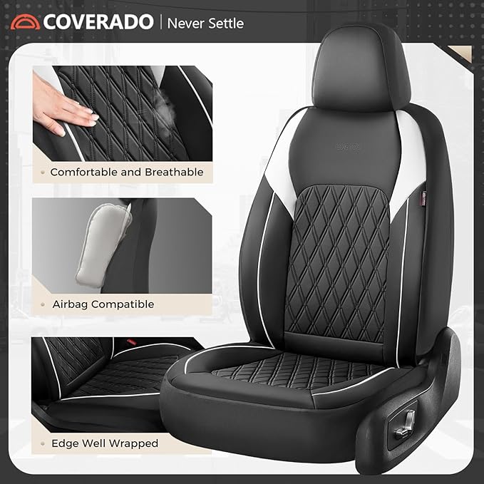 Coverado Car Seat Cover, Car Seat Covers Front Seats, Waterproof Car Seat Covers, Car Seat Cushion, Front Seat Covers Faux Leather Driver Car Seat Protector Fit for Most Cars Trucks SUV, Black&White