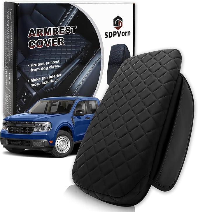 Armrest Cover for Ford Maverick 2022 2023 2024 2025 Center Console Pad with Organizer Storage Pockets, Black Faux Leather Arm Rest Lid Protector Cushion Interior Accessories