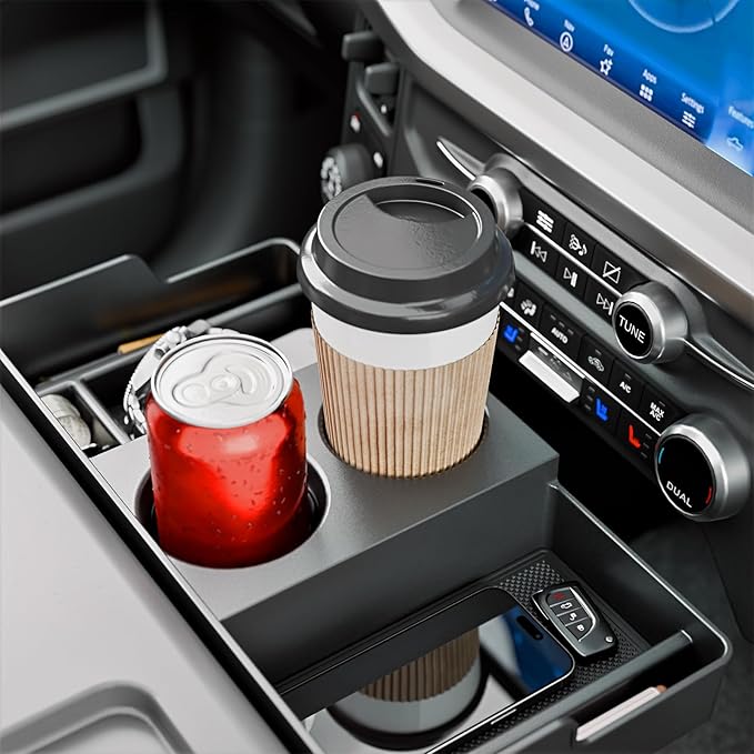 Front Center Seat Headrest Organizer Compatible with 2011-2026 Ford F150 F250 F350 F450 F550 F650 Cup Holder Coin Container Storage Box with Silicone Pads Accessories (Jump Seat Console Only)