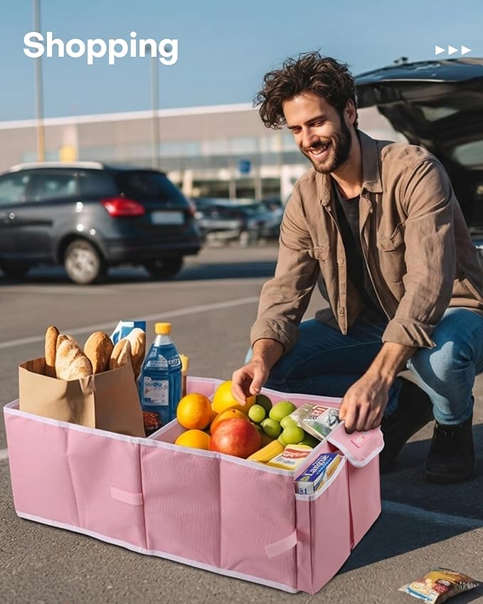 HOTOR Foldable Trunk Organizer - SUV & Sedan Compatible, 2 Compartments, Pink, 23.6"14.2"10.6" Sturdy Car Organization for Accessories, Tools, Sundries