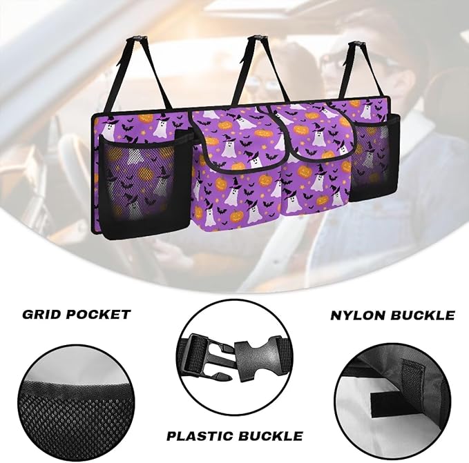 Purple Halloween Print Car Trunk Organizer Hanging Auto Back Seat Storage with 4 Pockets Car Interior Accessories for SUV MPV Hatchback Crossover Minivan Truck