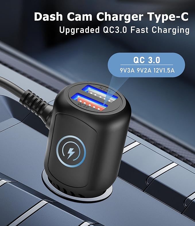 Dash Cam Charger USB C,Type C Dash Cam Power Cord,Dual USB Fast Charger, Compatible with REDTIGER F7N Series,Vantrue N4 and N2S Series,WOLFBOX Mirror cam,AZDOME,Pelsee and GPS Navigator(11.5FT)
