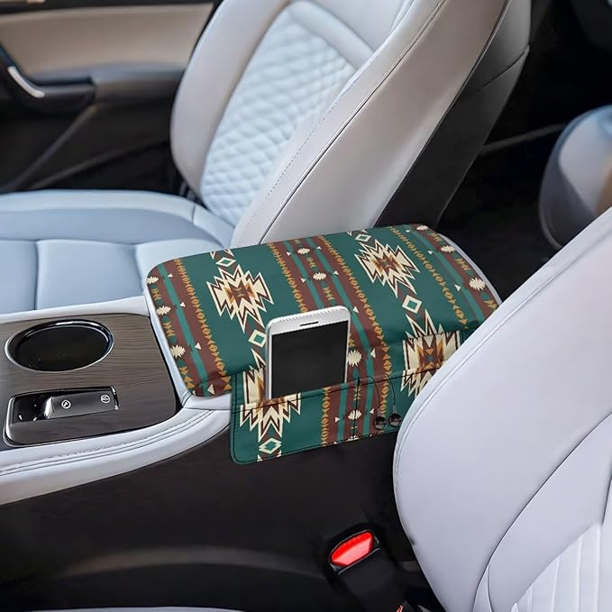 Dreaweet Aztec Arm Rest Cover for Car Thick Car Center Console Cover Pad with Pockets Green Anti-Scratch Car Armrest Cover Cushion Center Console Armrest Replacement