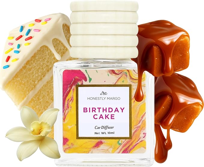 Honestly Margo Birthday Cake Car Diffuser Air Freshener (0.34 Fl Oz, Pack of 1) – Stylish Scent Diffuser with Perfume – Must-Have Essentials for Women, Car Fresheners Long Lasting for a Fresh Drive