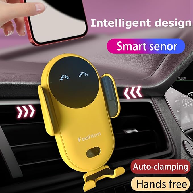 Wireless Car Charger Mount, Cute Car Phone Holder, Automatic Clamping Air Vent Dashboard Smart Phone Holder for iPhone 15/14/13/12/11//XS/XR/8, Samsung S23/22/21/20/Note 20, etc (Yellow)