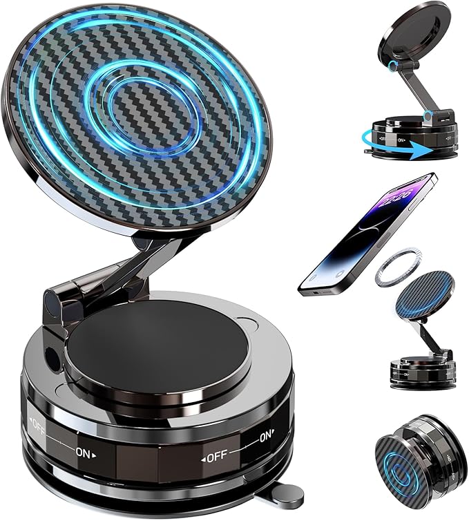 Phone Holders for Your car, Car Phone Holder for Magsafe[Upgraded Suction & Magnetic], 360° Adjustable Magnetic Car Phone Mount Compatible with iPhone & Android, Carbon Fiber Deep Brown