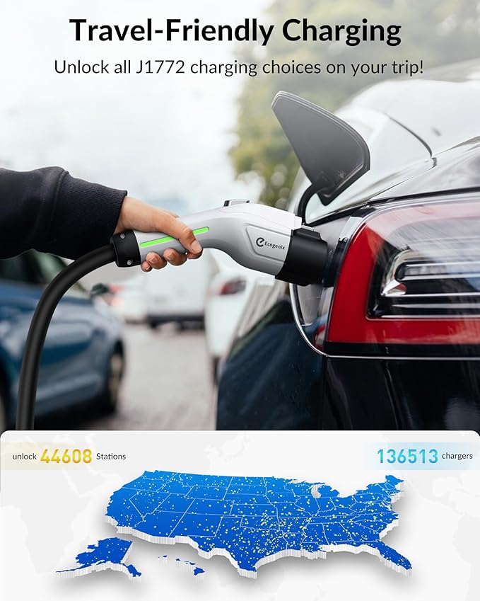 Ecogenix J1772 to Tesla Charger Adapter, Max 80A/250V for Tesla Model Y 3 X S Cybertruck, Tesla Accessories, Connecting to SAE J1772 Charging Stations Fast & Safe Charging for Tesla only