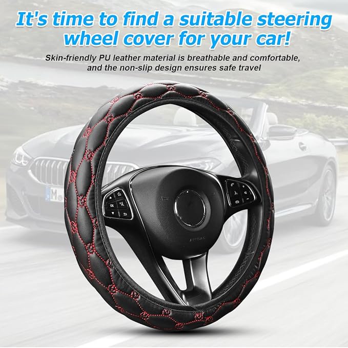 Car Steering Wheel Cover, PU Leather Non-Slip Lantern Pattern Vehicle Steering Wheel Cover Protection, Breathable Automotive Interior Protecter Accessories, Universal Fit (Black/Red)