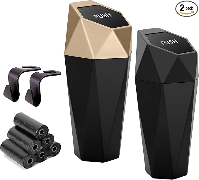 Ginsco Car Trash Can Cup Holder, 2 Pack Mini Car Trash Can with Lid, Car Accessories for Interior, Leakproof Small Trash Cup for Car, Home with Additional 2 ABS Hooks and 90pcs Trash Bags Black Golden