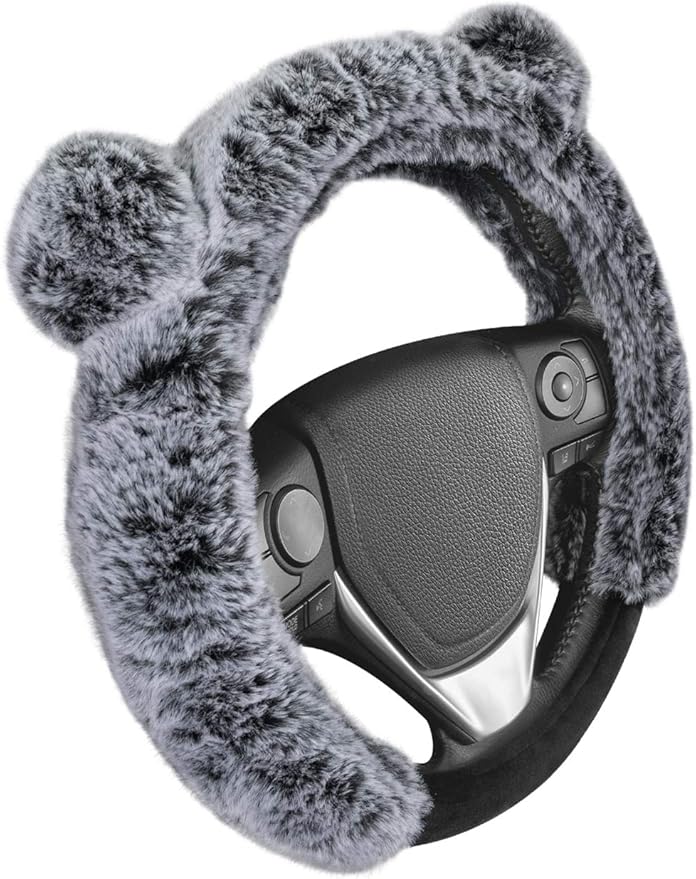 BDK Bear Fur Plush Steering Wheel Cover - Cute Faux Wool Protector for Women Girls Fits Wheels 14.5-15 inch Gray - with Ears