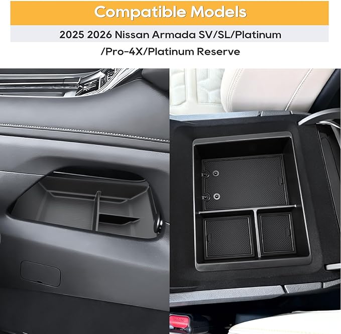 LFOTPP For Armada Center Console Organizer for 2025 2026 Armada (SV/SL/Platinum/Pro-4X/Platinum Reserve) Middle Armrest Storage Tray Insert,Non-Slip Waterproof 2PCS Interior Accessories