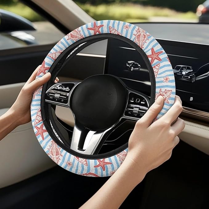 AFPANQZ Auto Steering Wheel Covers Comfort Anti-Slip Safety Stretch-on 14-15 inch, Starfish Shell Print Easy Fix Machine Washable Steering Wheel Protection
