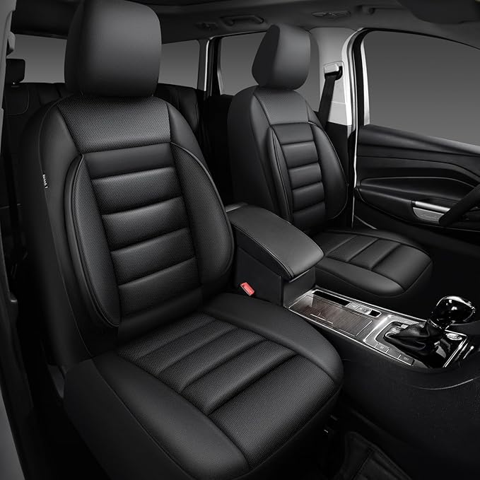 CAR PASS Faux Leather Car Seat Covers Front Seats Only, 3D Foam Support Car Seat Covers, Universal fit for Trucks Vans SUVs Sedans Automotive Comfortable, Airbag Compatible 2 Pieces Front Solid Black