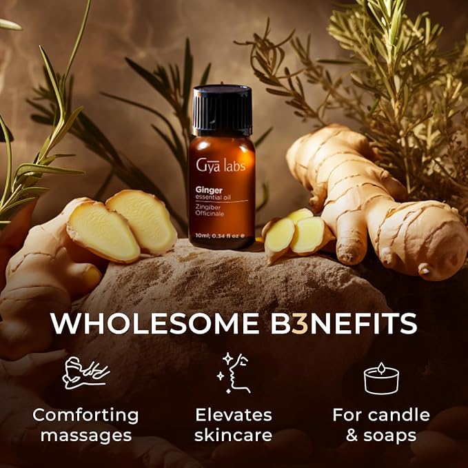 100% Pure Ginger Essential Oil - 0.34 Fl Oz - Ginger Oil for Hair, Skin, Diffuser, Aromatherapy & DIY Candle Making Scent