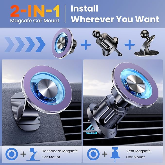 for MagSafe Car Mount Magnetic Phone Holder for Car [2026 Upgraded 22X Magnets & Double-Hooks] Phone Holders for Your Car Stand for Dashboard Vent GPS for iPhone 17/16/15/14/13 Android-Purple
