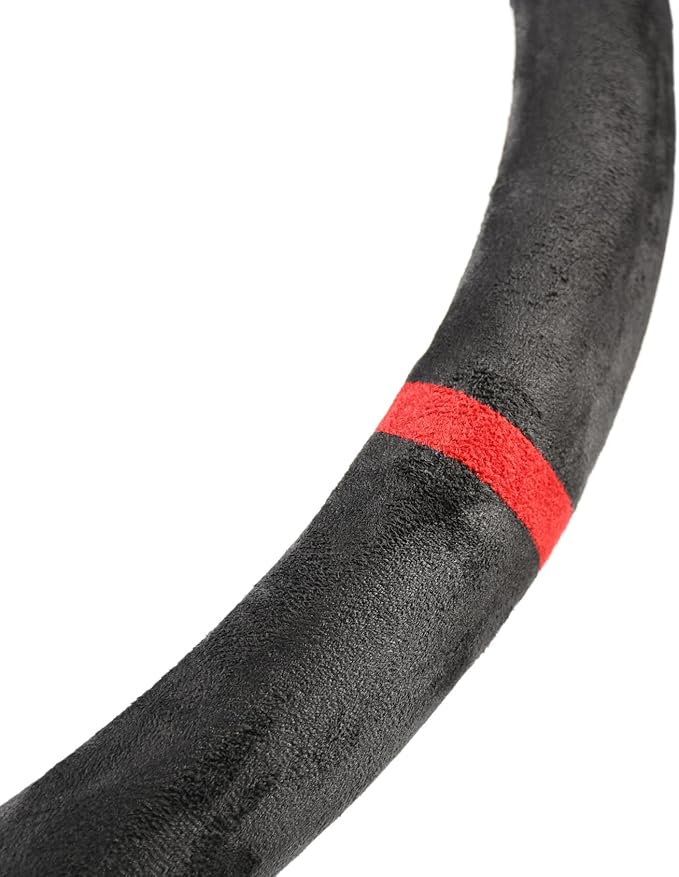 Quick Install Sporty Suede Leather Steering Wheel Cover with Red Top Trim Universal fit Any 14½" to 15" Car SUV Pickup Steering Wheel