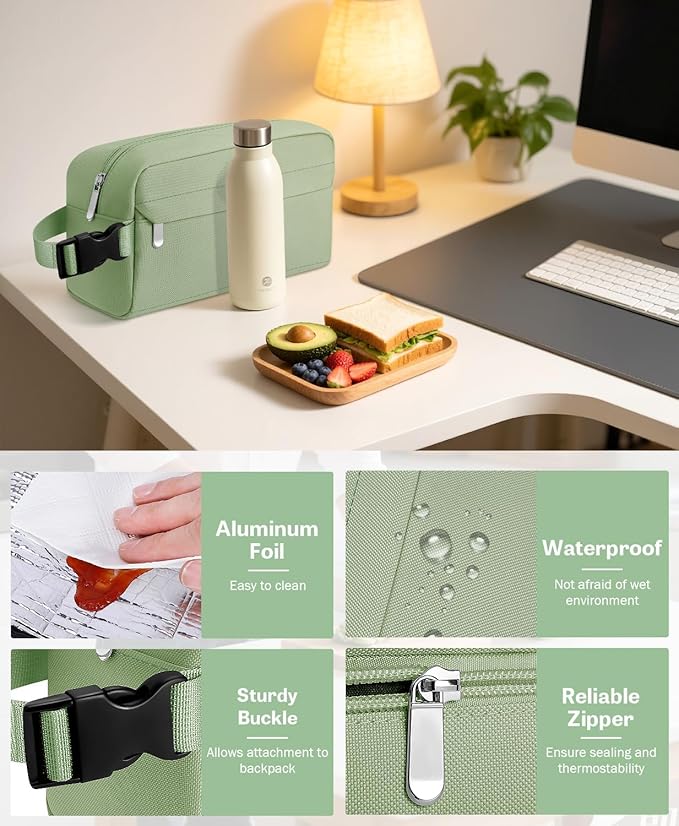 Small Insulated Snack Bag Lunch Bag for Kids Lunch Box for Women/Men, Collapsible [3L/5-Can] Reusable Lunch Bag Cooler Bag for Bottle with Handle Buckle for Work School Travel (Green)