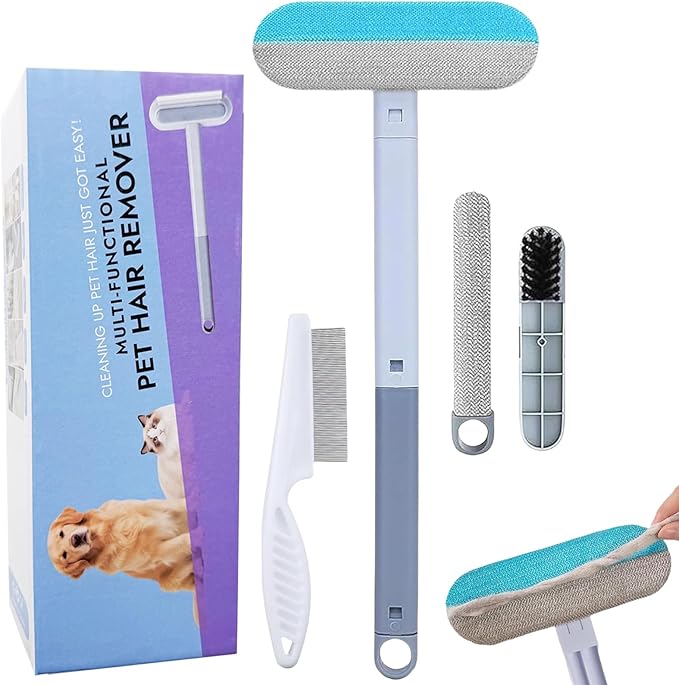 Pet Hair Remover Brush - Reusable Multifunctional Pet Hair Removal Tool for Furniture, 4 in1 Cat and Dog Hair Removal, 17.3Inch Adjustable Long Handle, Gentle on Couch Carpets Bedding (1 Set)