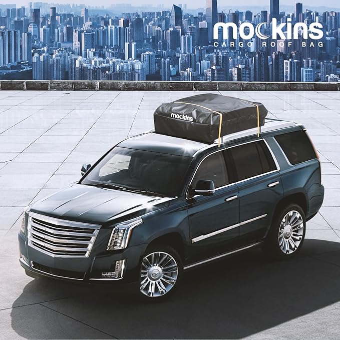 Mockins 25 CuFt Waterproof Rooftop Cargo Bag |60"x43"x17" All-Weather Car Roof Cargo Carrier Bag |Vinyl Car Roof Bag w/Mat, Straps & Door Hooks| Car Top Carrier for Vehicles with or Without Roof Rack