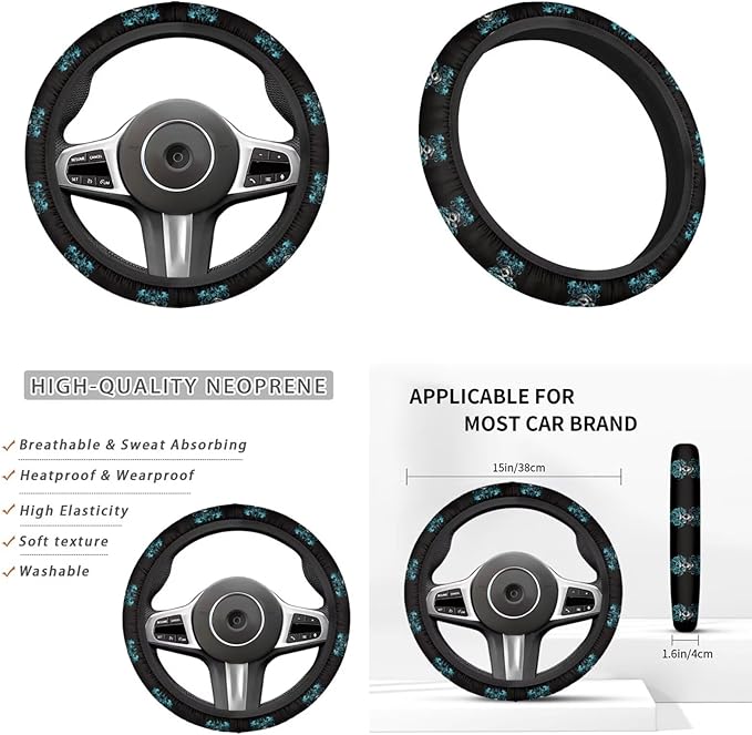 Green Rose Flower Car Accessories 6 Pcs Sets Skull Print Car Steering Wheel Cars Funny Cars Armrest Cover Handbrake Cover Auto Interior Sets