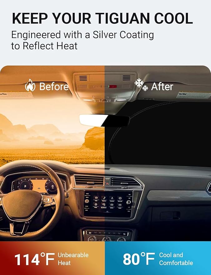 Proadsy 2026 Upgrade Front Windshield Sun Shade Foldable Sunshade Protector Custom Fit 2018-2024 VW Tiguan Crossover SUV Base Premium Limited Touring Accessories