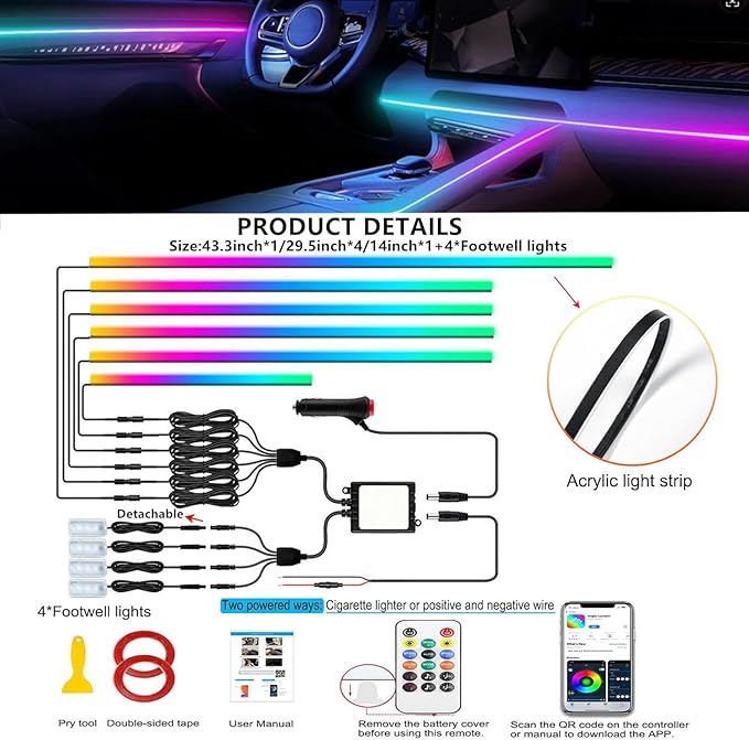 Interior Car LED Strip Lights, Acrylic LED Lights RGB Dreamcolor 10 in 1 with 175 inches 593 LEDs Fiber Optic Ambient Lighting Kits,APP and Remote Control 16 Million Colors Car Neon Lights