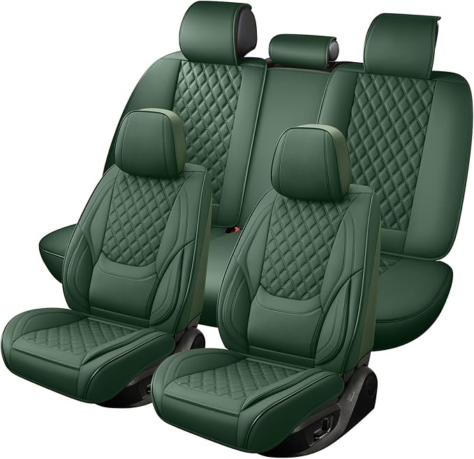 Car Seat Covers Full Set Purple, Luxury Faux Leather Waterproof Non-Slip Women Seat Protector Universal Fit for Most Cars SUVs Trucks Pick-ups,Car Interior Accessories (Green-Full Set)