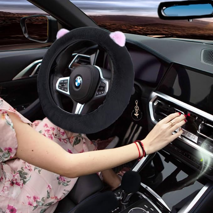 ZYNQACC 9 Pack Cute Bear Fluffy Car Accessories for Women Girls,Kawaii Fuzzy Steering Wheel Cover Universal 15 inch Plush Cute Ears (Black)