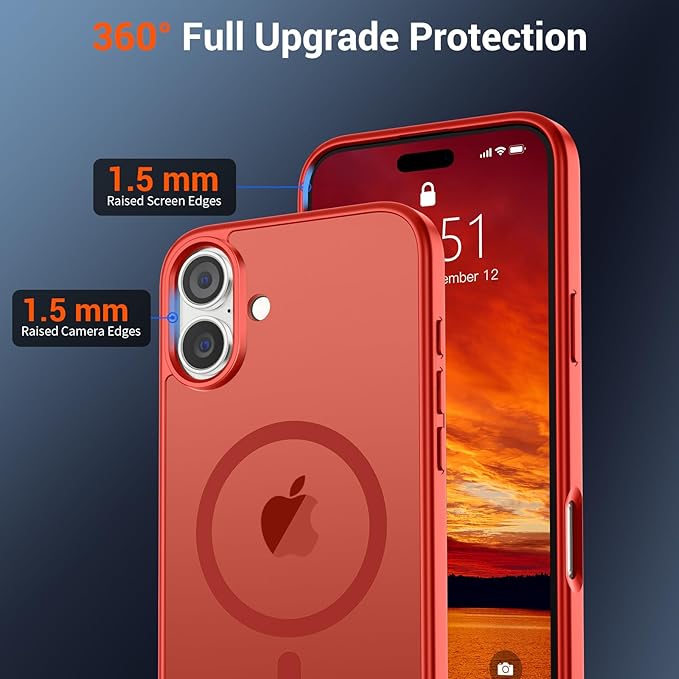 SUPFINE Magnetic for iPhone 16 Plus Case (Compatible with MagSafe) (Military Grade Drop Protection) Slim Translucent Matte Shockproof with Anti-Fingerprint Phone Case, Red