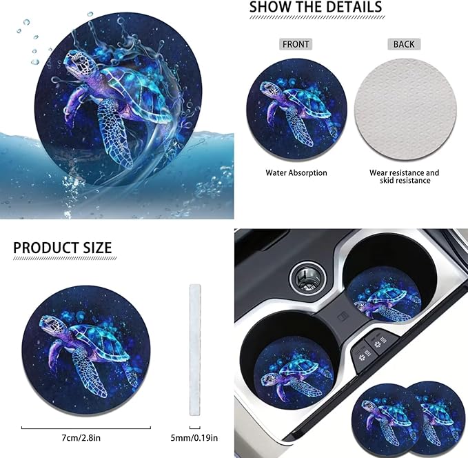 Blue Sea Turtle Car Steering Wheel Cover Sets 6 Pcs Car Accessories Cup Coaster Handbrake Cover Suit Universal Fit Auto,Suvs,Truck