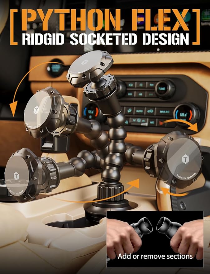 ToughTested MagTough Python Magnetic Cup Holder Phone Mount for Car - Heavy Duty MagSafe Car Mount with Flexible Python Arm - Universal SUV & Truck Accessories - 360 Rotation, Stable Expandable Base