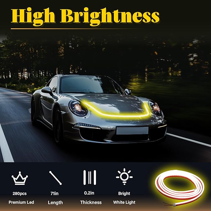 DIBMS 71-inch High-Brightness Car Hood Gap LED Light Strip - Daytime Running Lights Universal Auto Exterior Decor Accessories (Yellow)