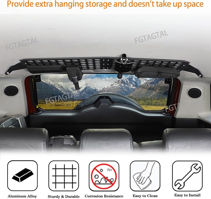 Car Trunk Roof MOLLE Panel Bracket Compatible with Toyot@ FJ Cruiser 2007-2021, Overhead MOLLE Panel Storage, Inner Rear Roof Hanging Bag Rack Holder (Rear)