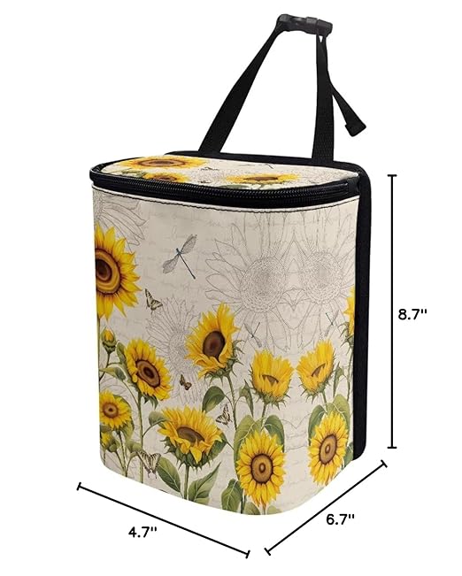 BIGCARJOB Sunflower Dragonfly Car Trash Bags for Back Seat,Sunflower Car Garbage Bin with Lids,Foldable Auto Interior Storage Bags Hanging Accessories
