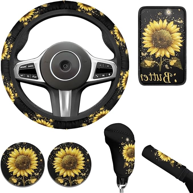 Butterfly & Sunflower Print Car Accessories for Women 6 Pcs Steering Wheel Cover Handbrake Gear Cover Cup Coaster Armrest Cover Auto Accessories for Men Women