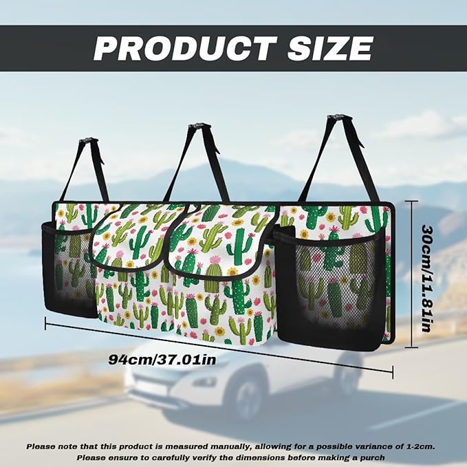 Cactus Car Hanging Trunk Organizer Cargo Storage Bag Car Interior Accessories with 2 Pockets & 2 Mesh Pouches for Groceries Universal for Most SUV Sedan Truck