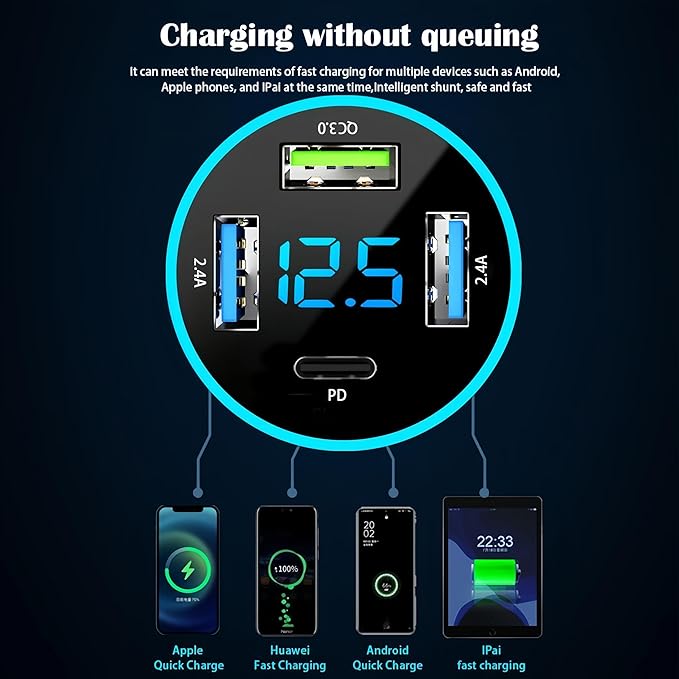 Car Charger Adapter, 4-Port Cigarette Lighter USB Charger Adapter with Voltmeter PD 3.0 & QC 3.0 Car USB Charger Multi Port Accessories Fast Charging for iPhone, Samsung, iPad & Phone Tablets