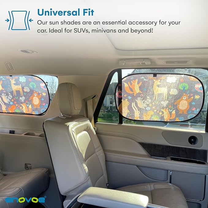 Window Shade-(2 Pack)-XL-25" x 16"-Colorful Cartoon Animal Designs, Cling Car Sun Shade for Windows - Sun, Glare and UV Rays Protection for Your Child - Baby Car Shades for Side Window by Enovoe