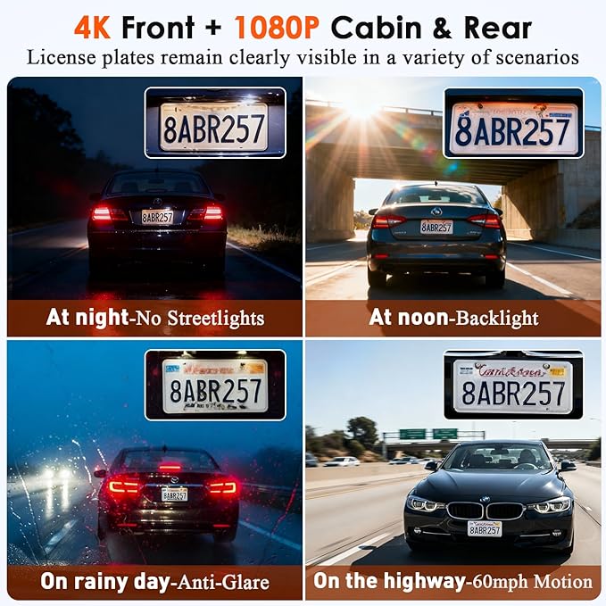 3-Channel Dash Cam 4K for Car: Front, Rear & Inside Dash Camera with 5.8G WiFi & GPS - 24H Parking Mode, 64GB Card for Rideshare Driver