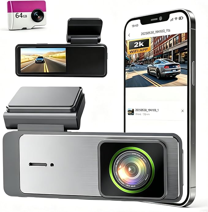 2K Mini Dash Cam Front, 1296P HD Car Camera with 1.97'' Touch Screen, 64GB SD Card Included, 145° Wide Angle Night Vision, G-Sensor Loop Recording, Supports 128GB Max