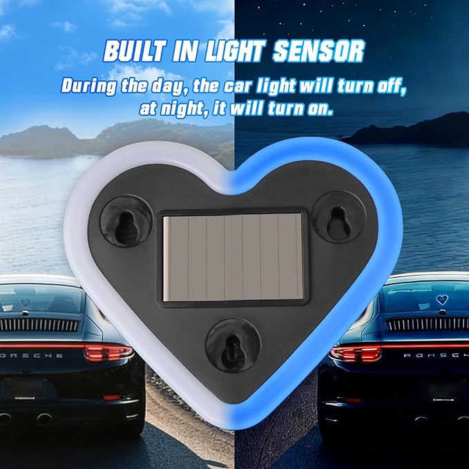 6 Lighting Modes Solar Powered Car LED Ambient Light, Rechargeable Wireless LED Heart Shape C-Pillar Neon Light, AutoGlow Solar Heart Light for Car Window Romantic Decor Surprising Gifts