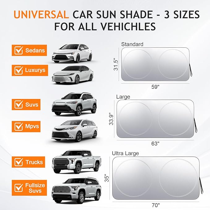 Windshield Sun Shade Car Window Shade UV Reflector Keeps Vehicle Cool Folding Sun Visor Heat and Sun Reflector (Large 63 x 33.9 inches